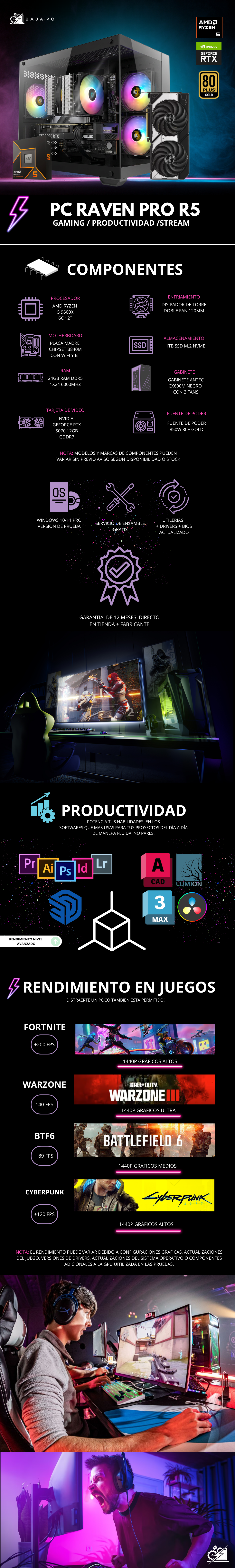PC RAVEN PRO R5 / AMD RYZEN 5 9600X / RTX 5070 / 24GB RAM DDR5 / 1TB SSD NVME / FUENTE 850W 80+ GOLD / B840M / DISIPADOR DE TORRE DOBLE FAN / W11 PRO / PROMOCION