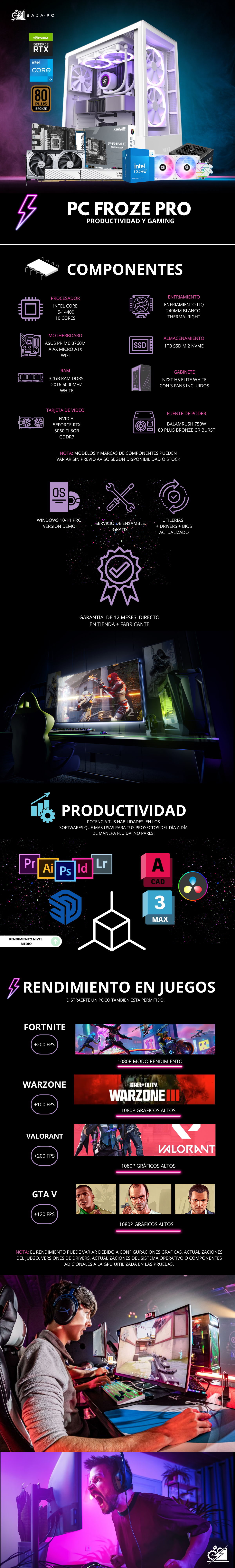 PC FROZE PRO / INTEL CORE I5-14400 / RTX 5060 TI / 32GB RAM DDR5 / 1TB SSD M.2 NVME / ENFRIAMIENTO LIQ 240MM / FUENTE 750W 80+ BRONZE/ PROMOCION