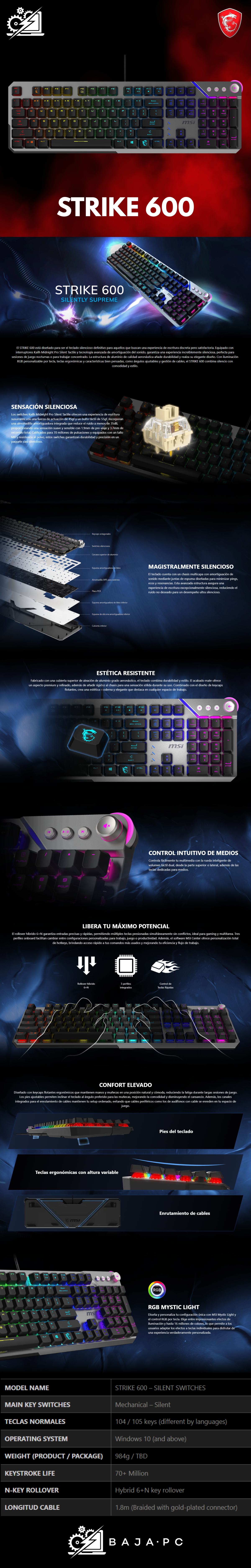 Teclado Gamer MSI STRIKE 600 SILENT LED RGB, Teclado Mecánico, Membrana, Alámbrico, USB, Negro, Inglés