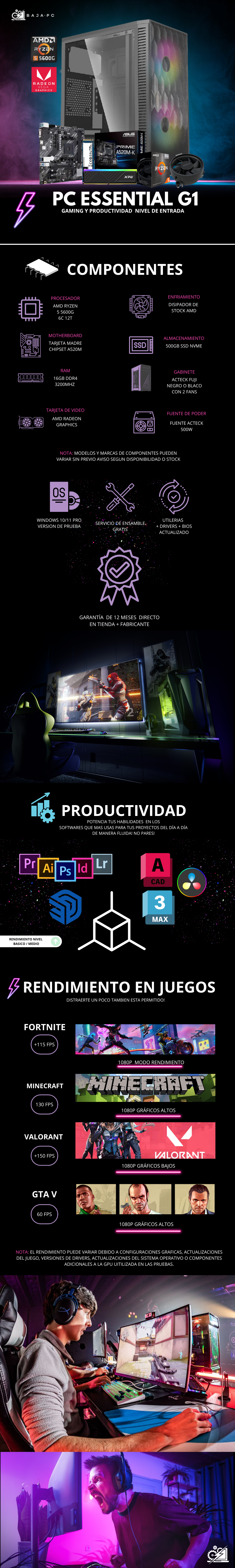 PC ESSENTIAL G1 / AMD RYZEN 5 5600G / AMD RADEON GRAPHICS/ 16GB RAM / 500GB SSD NVME / FUENTE 500W / PROMOCION