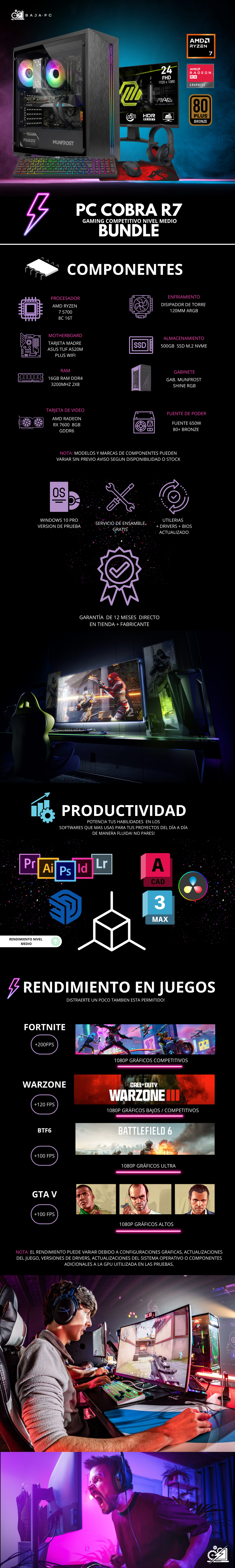 PC COBRA R7 / AMD RYZEN 7 5700 / RADEON RX 7600 / 16GB RAM / 500GB SSD NVME / A520M / DISIPADOR DE TORRE / FUENTE 650W 80+ BRONZE / W11 PRO / MONITOR 24" FHD / KIT TECLADO Y MOUSE/ PROMOCION