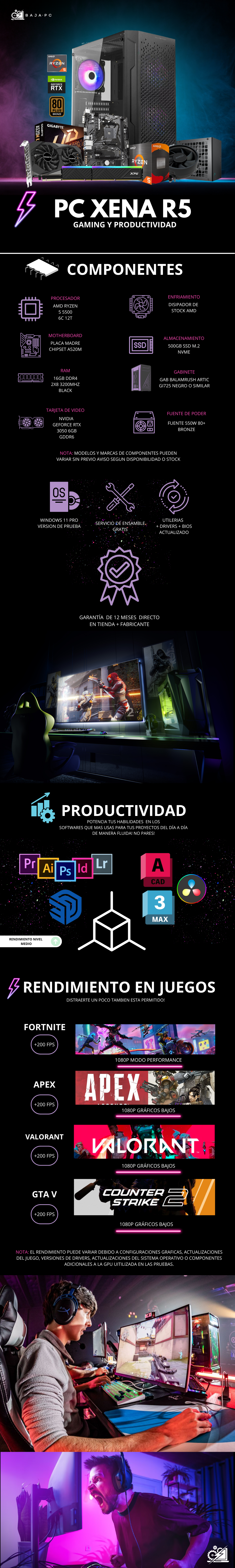PC XENA R5 / AMD RYZEN 5 5500 / RTX 3050 6G / 16GB RAM / 500GB SSD NVME / A520M / FUENTE 550W 80+ BRONZE / W11 PRO / PROMOCION
