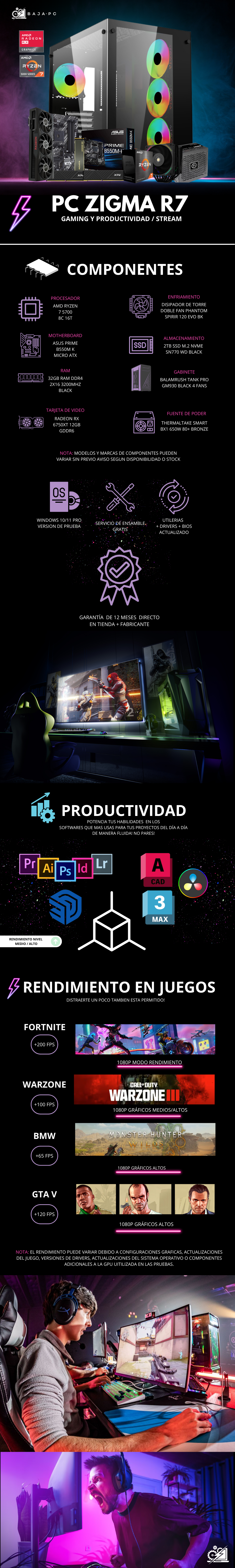PC ZIGMA R7 / AMD RYZEN 7 5700 / RADEON RX 6750XT / 32GB RAM / 2TB SSD NVME / DISIPADOR DE TORRE DOBLE / FUENTE 650W 80+ BRONZE / PROMOCION