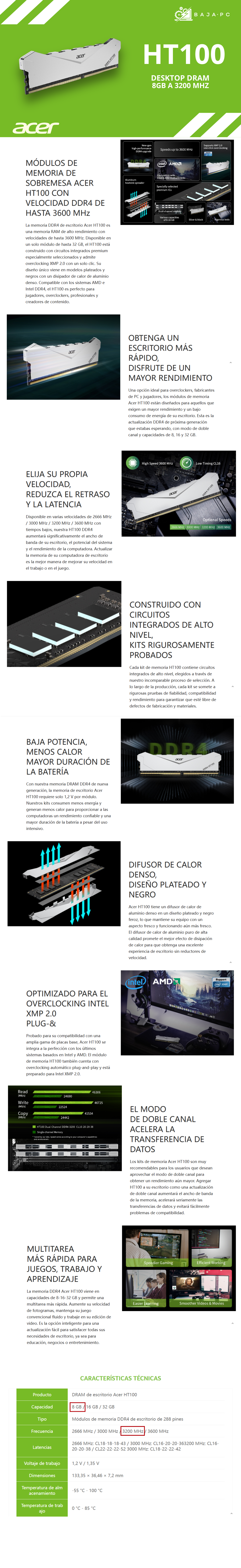 Memoria RAM Acer HT100 DDR4 / 3200MHz / 8GB / Non-ECC / CL18 / XMP / Plata / BL.9BWWA.234