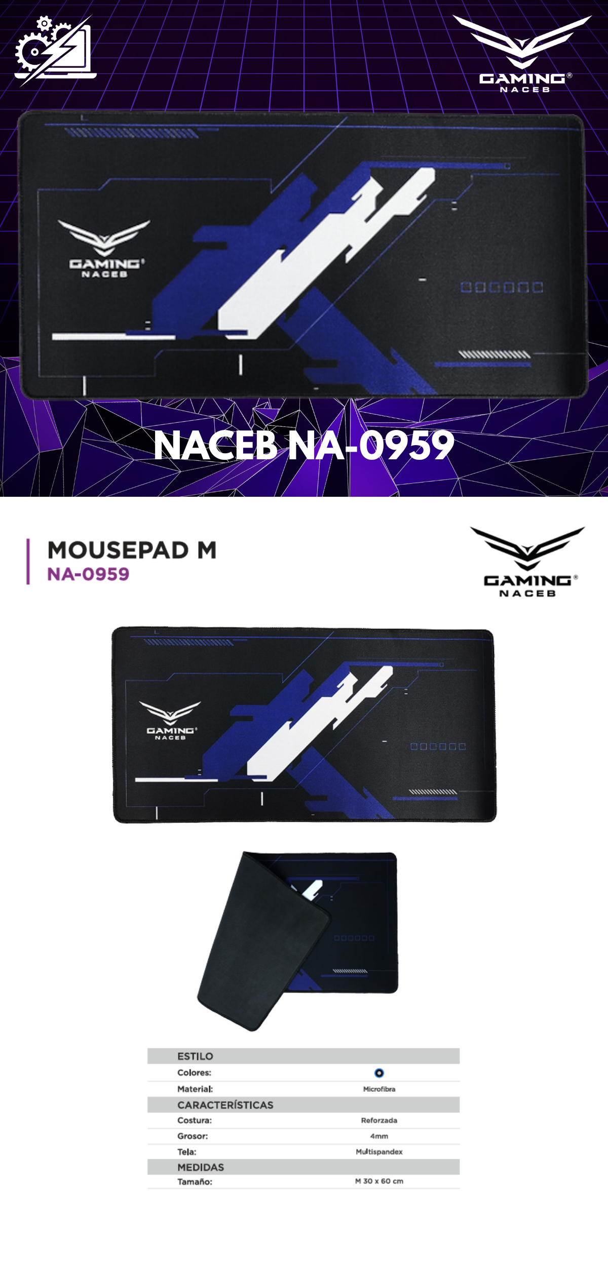 Mousepad Naceb NA-0959, 60 x 30cm, Grosor 4mm, Negro/Azul