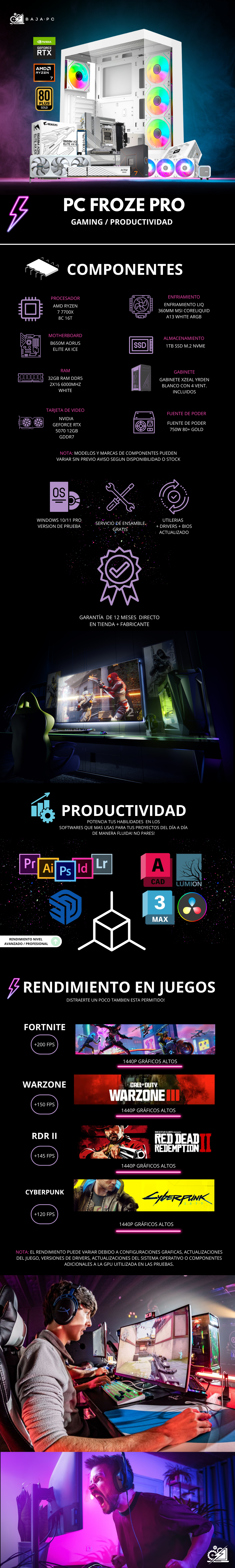 PC FROZE PRO / AMD RYZEN 7 7700X/ RTX 5070 / 32GB RAM DDR5 / 1TB SSD M.2 NVME / ENFRIAMIENTO LIQ 360MM / FUENTE 750W 80+ GOLD /  PROMOCION