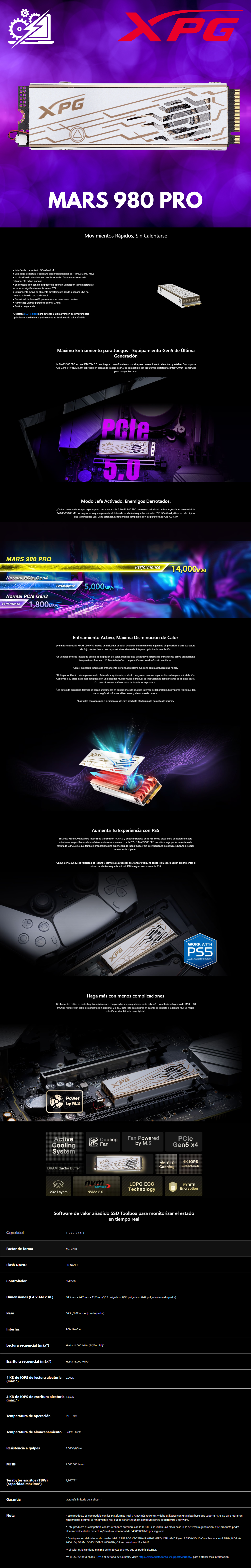 Unidad de Estado Sólido SSD ADATA MARS 980 PRO NVMe / 1TB / M.2 / 130000 MB/s Escritura / 14000 MB/s Lectura / PCIe Gen5 x4 / SMAR-980P-1TCI