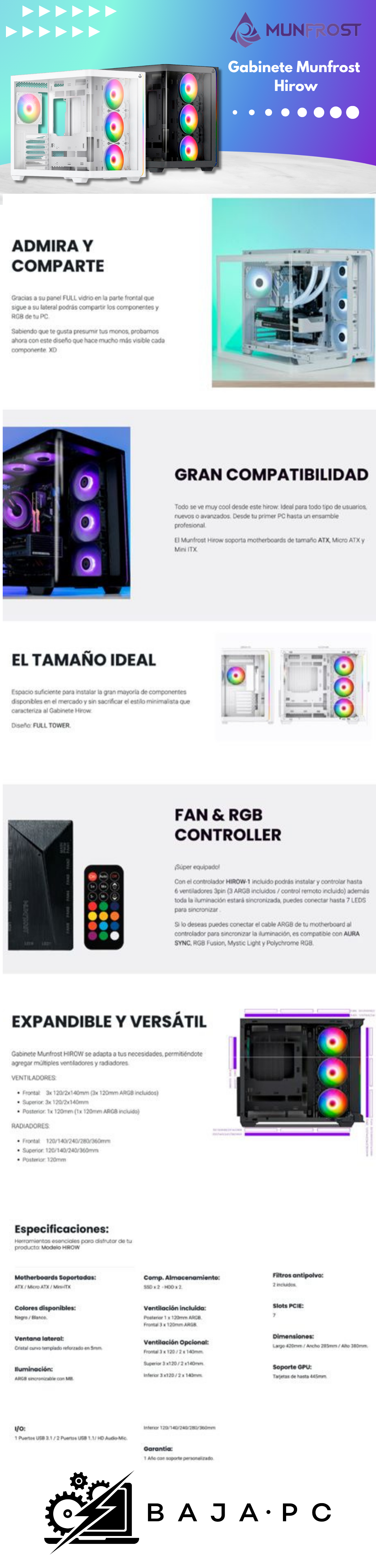 Gabinete Munfrost Hirow / Cristal Full Curve Templado / ATX-Micro ATX-Mini ITX / 4 Ventiladores ARGB Incluidos / Blanco