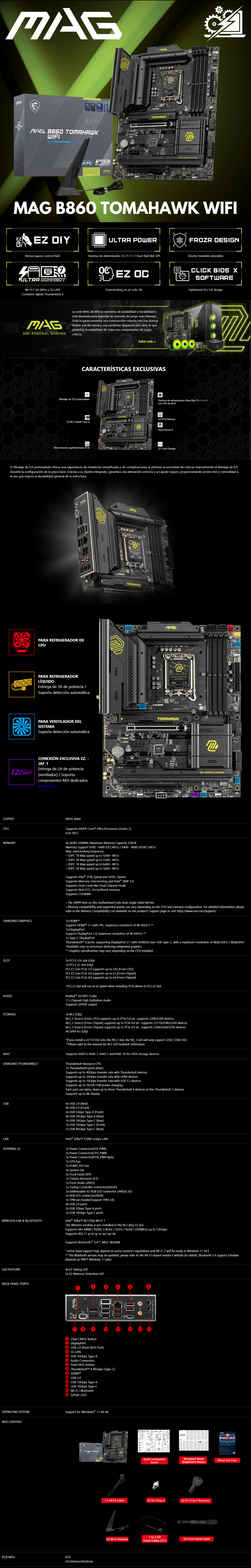 Tarjeta Madre MSI MAG B860 TOMAHAWK WIFI / ATX / LGA1851 / INTEL B860 / Up to 256GB DDR5 / MAG B860 TOMAHAWK WIFI
