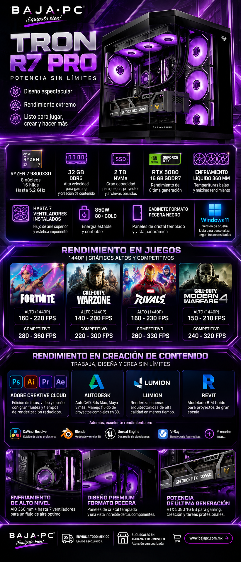 PC TRON R7 PRO / AMD RYZEN 7 9800X3D / RTX 5080 16GB / 32GB RAM DDR5 / 2TB SSD NVME / ENFRIAMIENTO LIQUIDO 360MM / FUENTE 850W 80+ GOLD / W11 PRO / PROMOCION