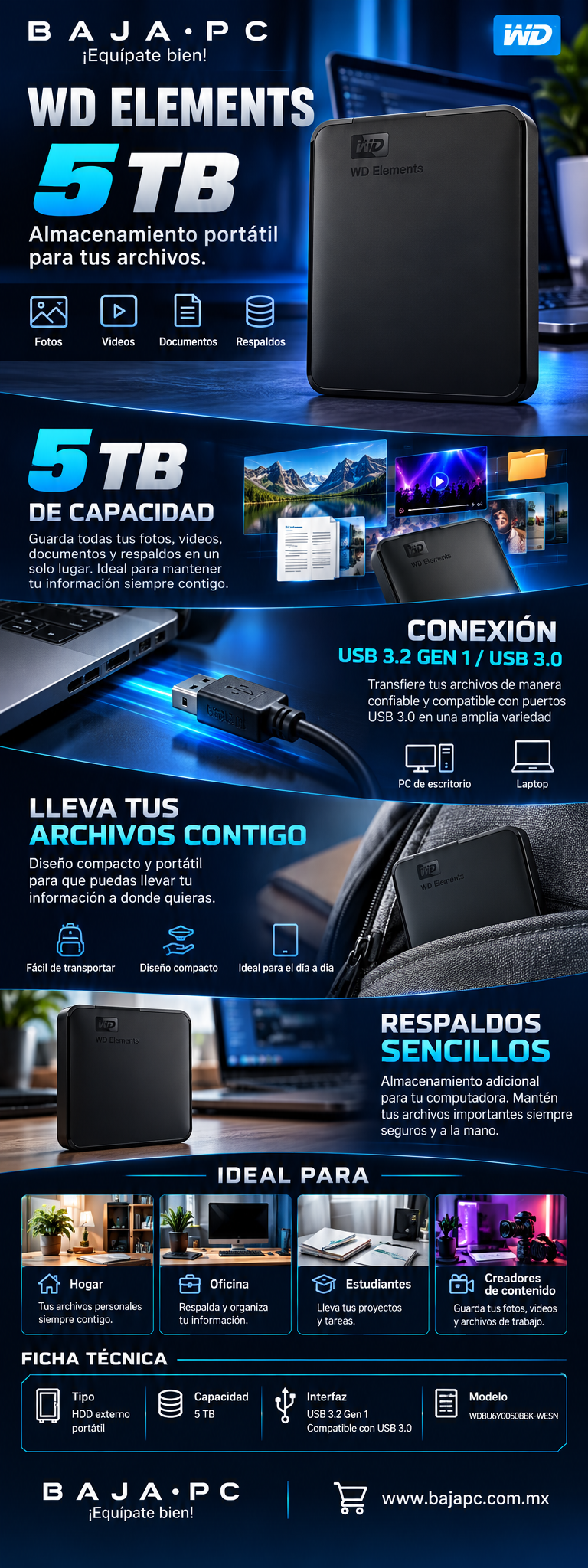 Disco portátil WD Elements / 5 TB / WDBU6Y0050BBK-WESN / Mecánico 