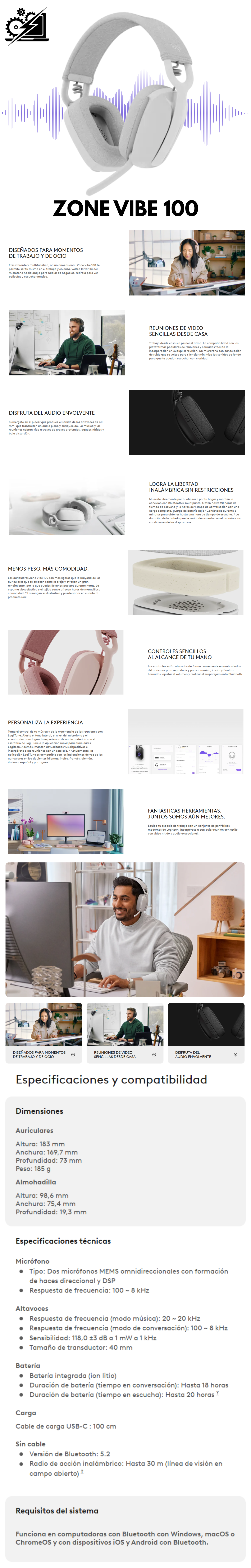 Logitech Audífonos con Micrófono Zone Vibe 100, Bluetooth, Inalámbrico, Blanco