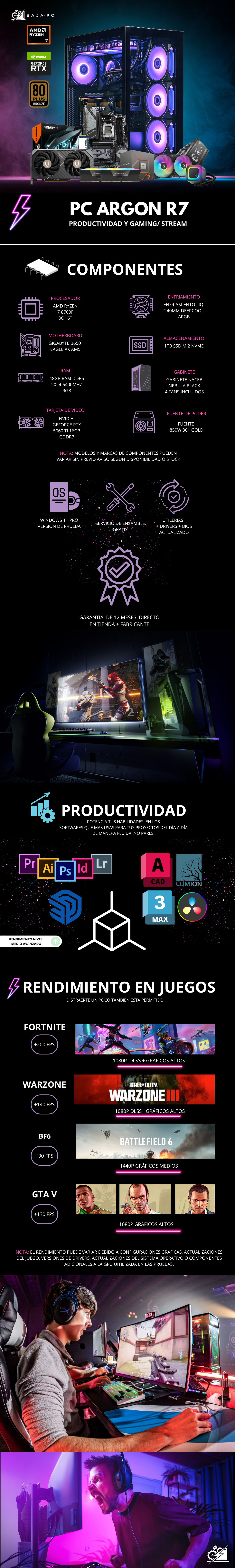 PC ARGON R7 / AMD RYZEN 7 8700F / RTX 5060 TI 16G / 48GB RAM DDR5 / 1TB SSD NVME / B650 / ENFRIAMIENTO LIQ 240MM / W11 PRO / PROMOCION