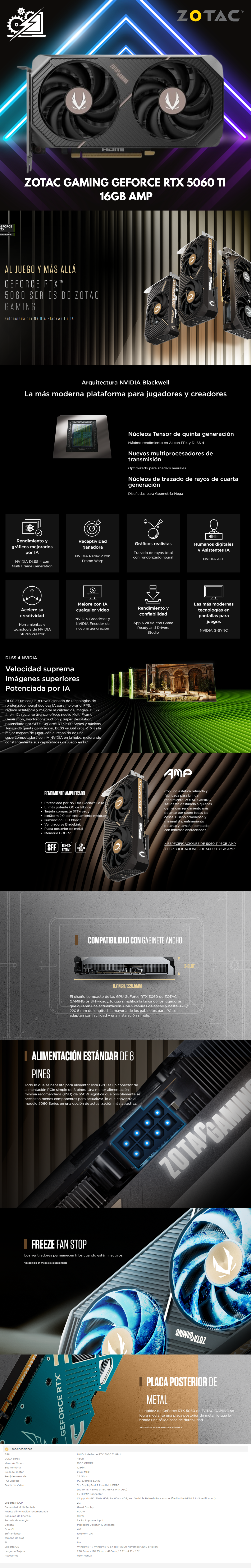 Tarjeta de Video Zotac NVIDIA GeForce RTX 5060 Ti AMP / 16GB / 128-bit GDDR7 / PCI Express x8 5.0 / ZT-B50620F-10M