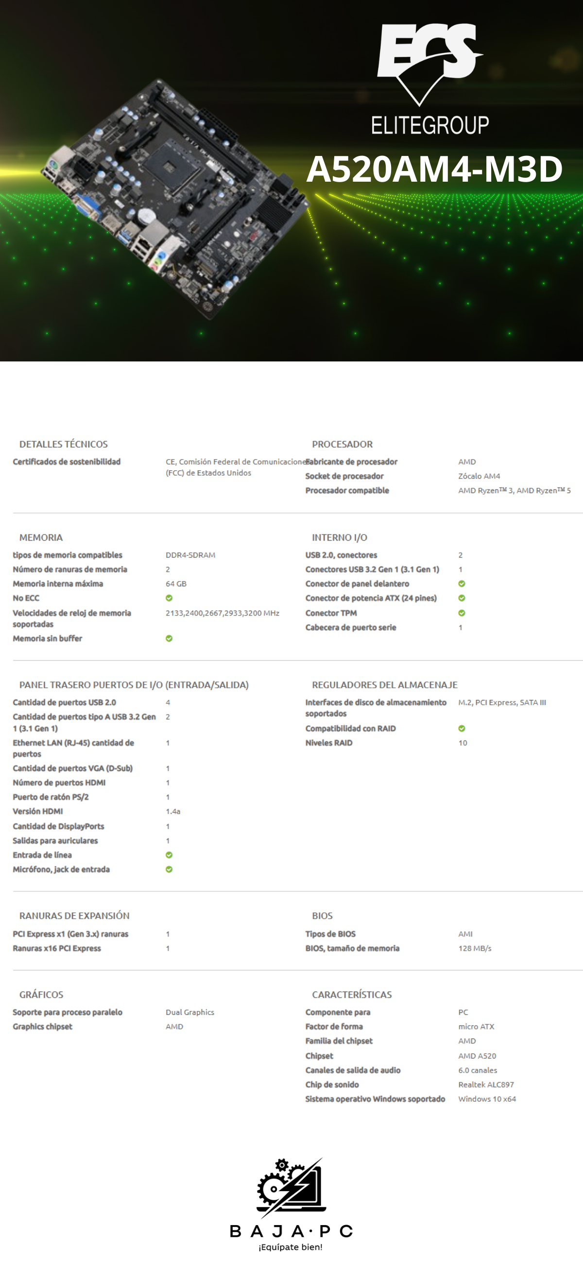 Tarjeta Madre ECS A520AM4-M3D, Micro-ATX, Socket AM4/ A520AM4-M3D V1.1