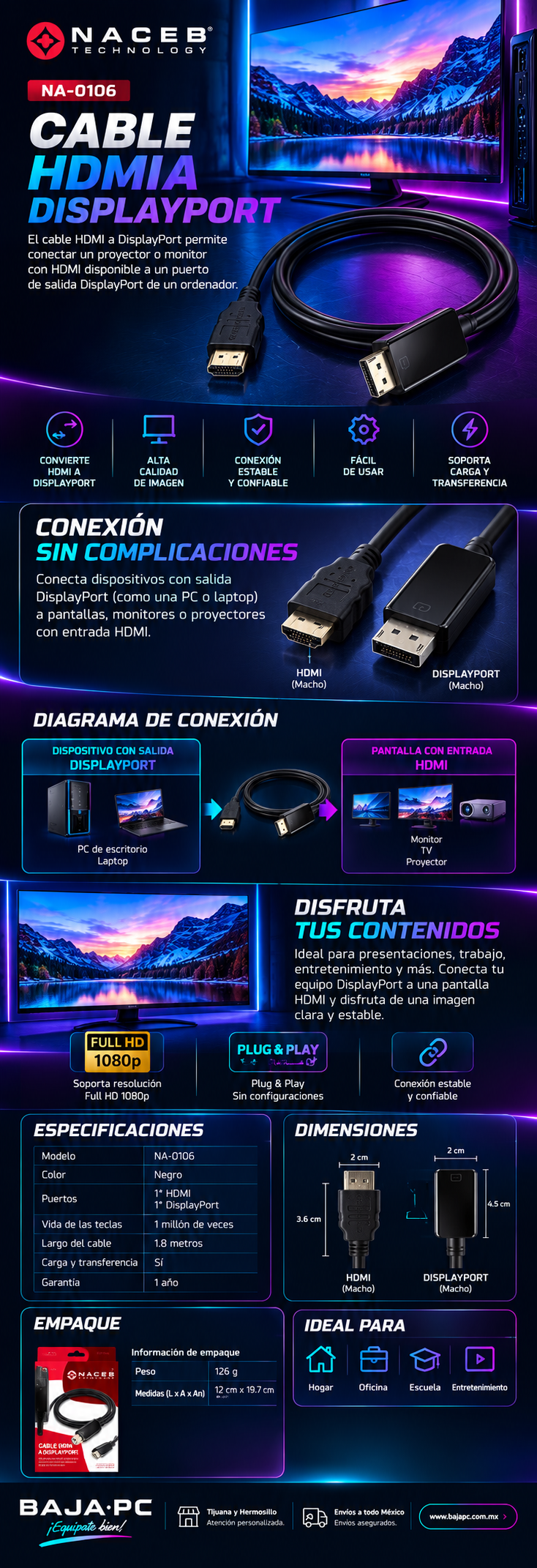 CABLE DISPLAY PORT A HDMI 1.8 CM NA-0106