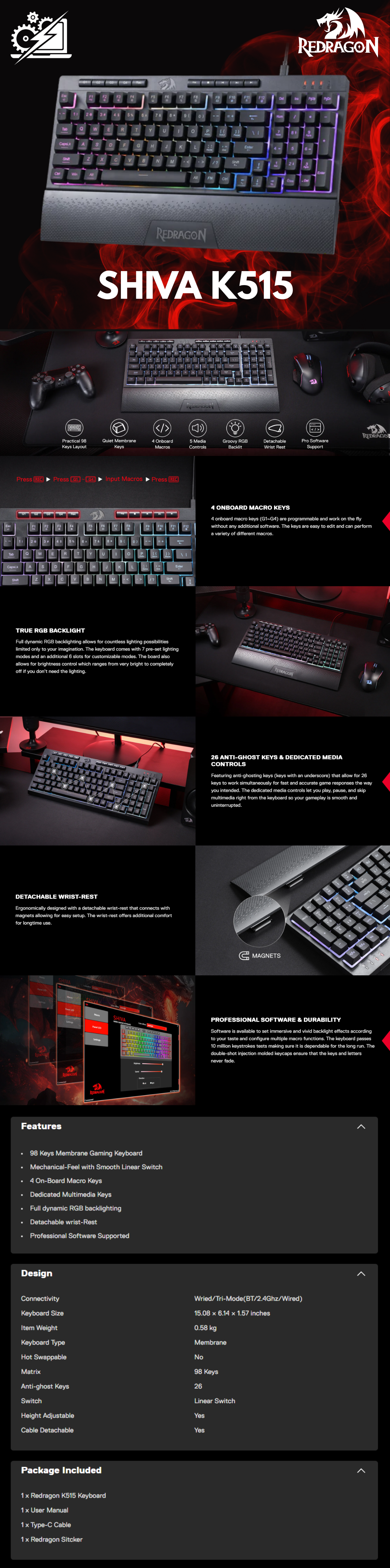 Teclado Gamer Redragon Shiva K515 / Alámbrico / RGB / Mecánico / K515-RGB