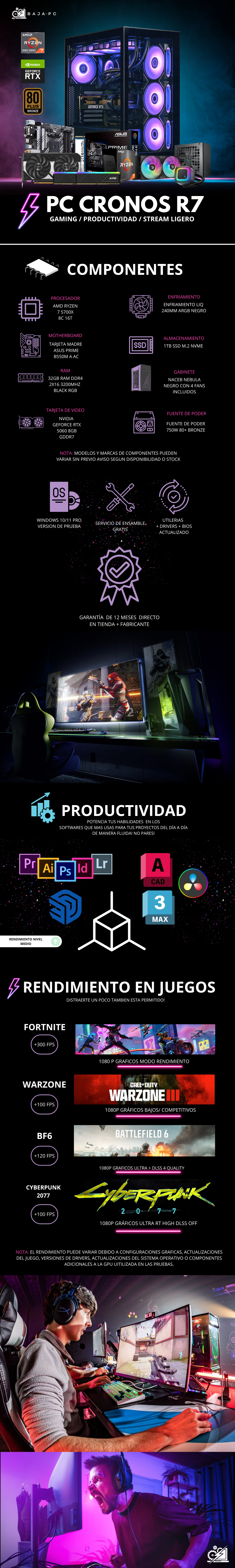PC CRONOS R7 / AMD RYZEN 7 5700X / RTX 5060 / 32GB RAM / 1TB SSD NVME / ENFRIAMIENTO LIQ 240MM / FUENTE 750W 80+ BRONZE / W11 PRO / PROMOCION 