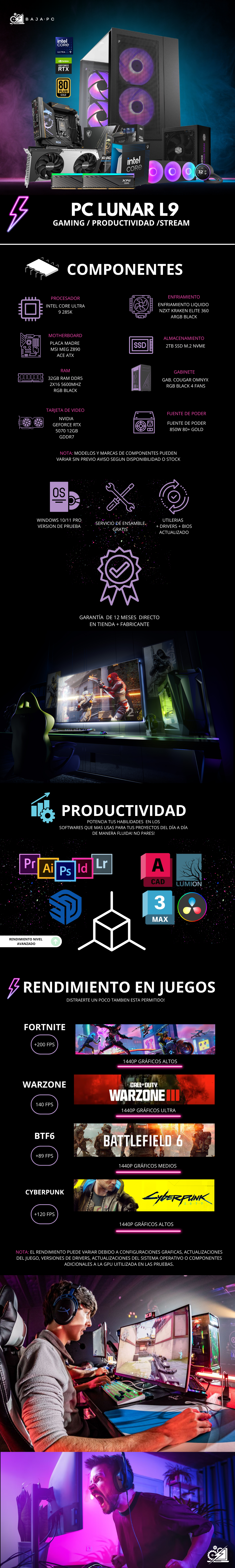 PC LUNAR L9 / INTEL CORE ULTRA 9 285K / RTX 5070 / 32GB RAM DDR5 / 2TB SSD NVME / Z890 / FUENTE 850W 80+ GOLD / ENFRIAMIENTO LIQ 360MM CON PANTALLA / W11 PRO / PROMOCION