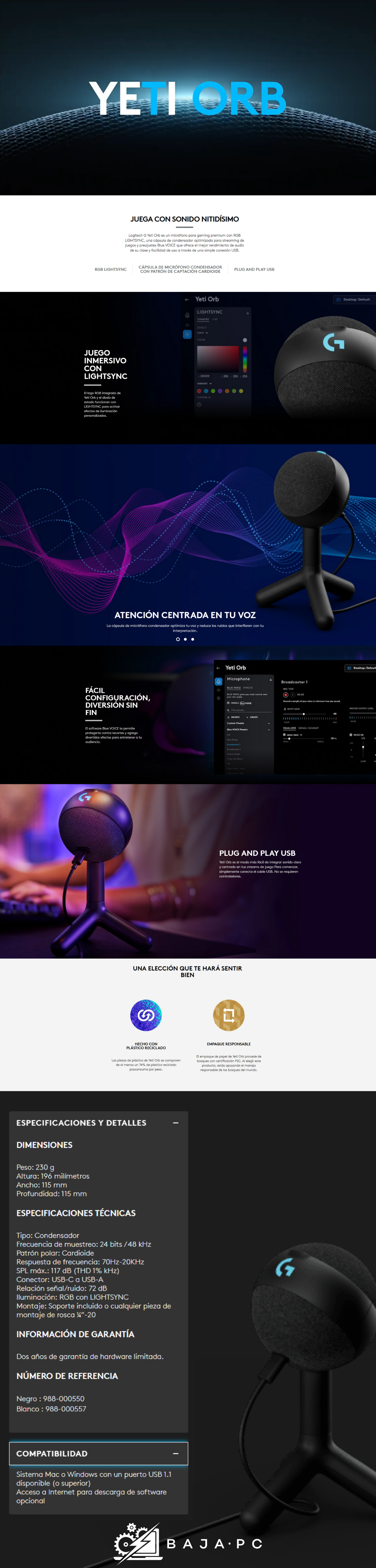 YETI ORB Micrófono USB para juegos con condensador y LIGHTSYNC RGB / LOGITECH