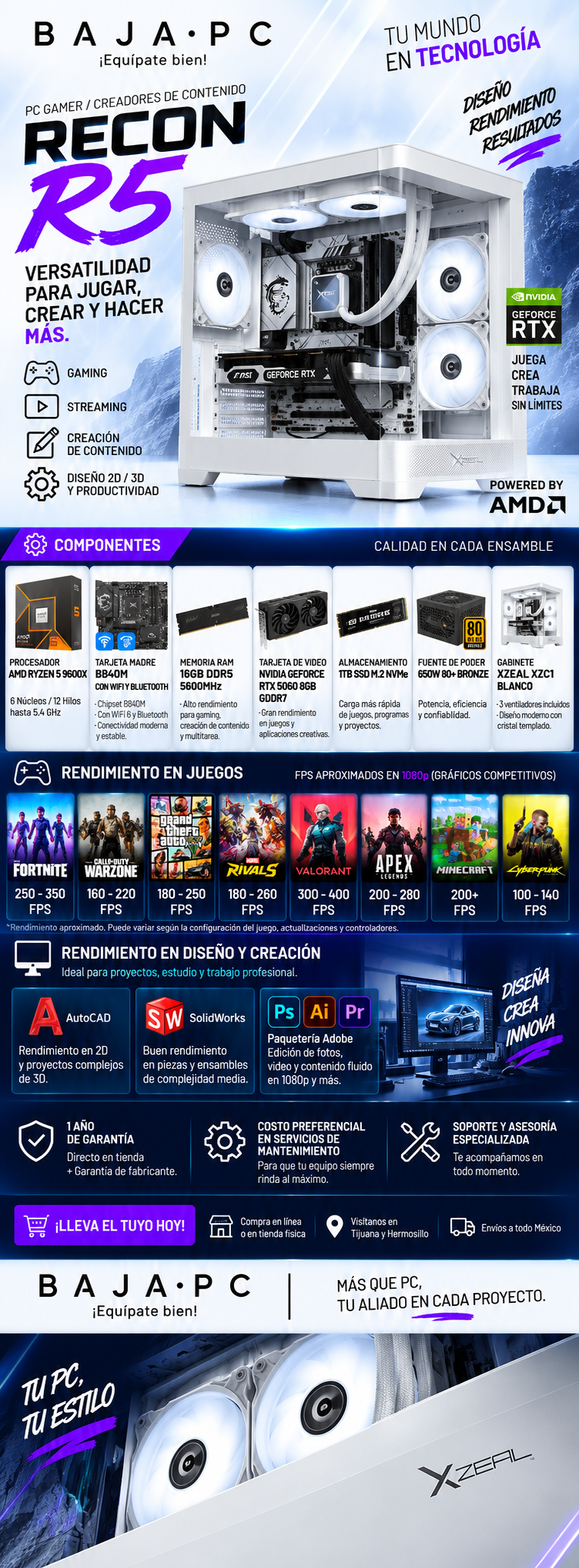 PC RECON R5 / AMD RYZEN 5 9600X / RTX 5060 / 16GB RAM DDR5 / 1TB SSD NVME / ENFRIAMIENTO LIQUIDO 240MM / FUENTE 650W 80+ BRONZE / W11 PRO/ PROMOCION