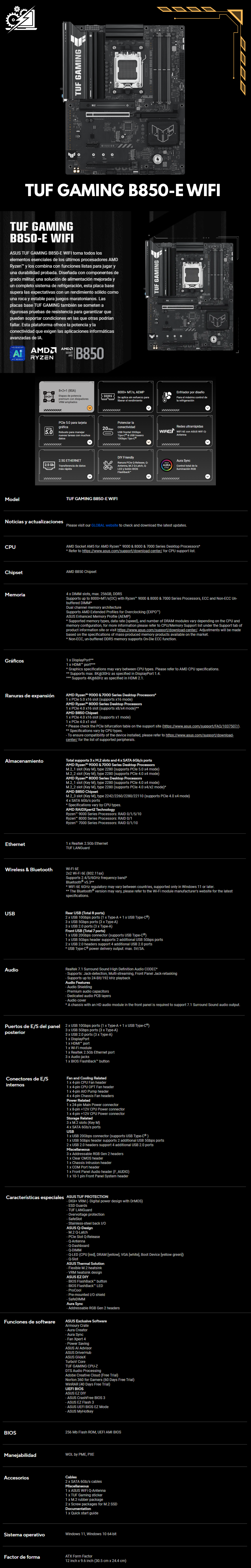 Tarjeta Madre ASUS TUF Gaming B850-E Wifi (AMD AM5 (Ryzen 9000, PCIe 5.0, Memoria DDR5, WiFi 6E, PCIe Q, BIOS Flashback, Aura Sync)