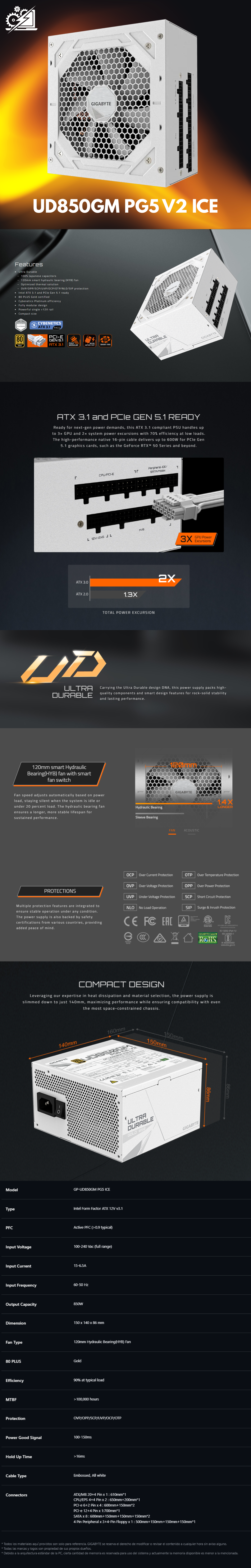 Fuente de Poder Gigabyte UD850GM PG5 V2 ICE / 850W / 80+ Gold / Totalmente Modular / PCIe 5.0 Ready / Blanca / GP-UD850GM-PG5-ICE
