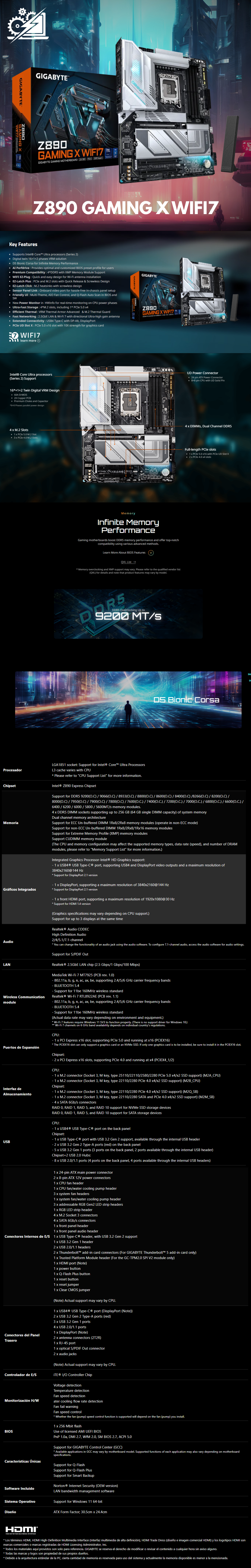 Tarjeta Madre Gigabyte Z890 GAMING X WIFI7 / ATX / LGA1851 / Intel Z890 / Up to 256GB DDR5 / Intel® Core™ Ultra Series 2 Ready / HDMI/DP para Intel / Z890 GAMING X WIFI7
