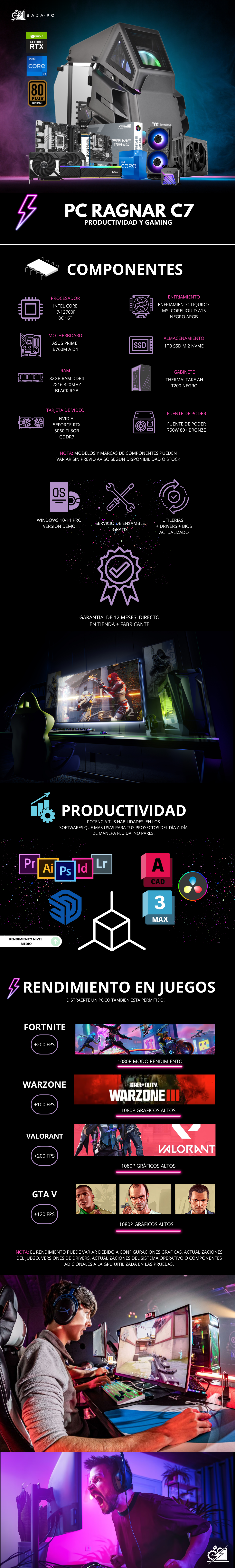 PC RAGNAR C7 / INTEL CORE I7-12700F / RTX 5060 TI / 32GB RAM / 1TB SSD NVME / ENFRIAMIENTO LIQ 240MM / FUENTE 750W 80+ BRONZE / W11 PRO / PROMOCION