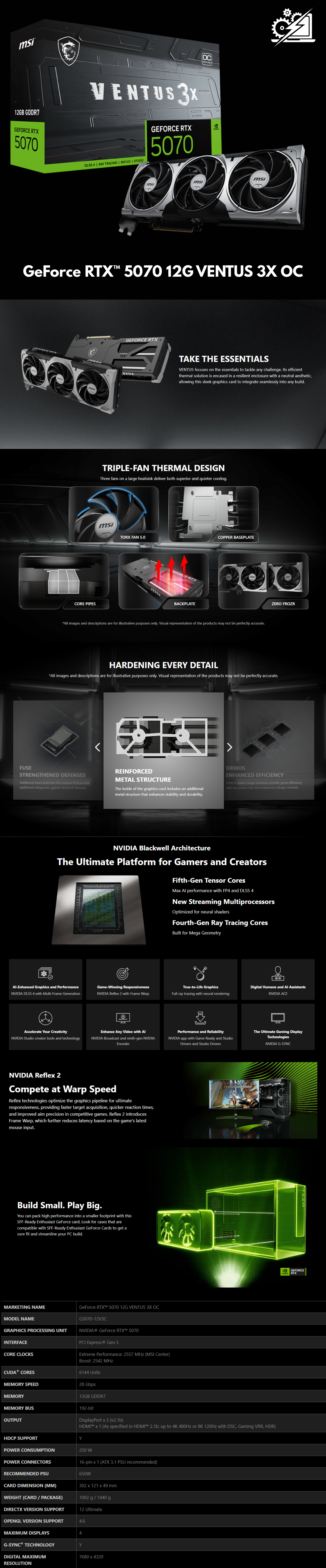 MSI Gaming RTX 5070 12G Ventus 3X OC Tarjeta gráfica (12 GB GDDR7, 192 bits, Rendimiento Extremo: 2557 MHz, DisplayPort x3 2.1a, HDMI 2.1b