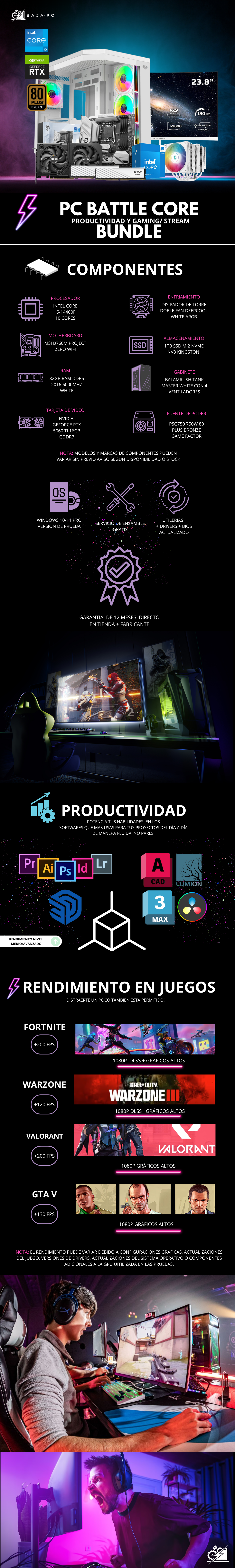 PC BATTLE CORE BUNDLE / INTEL CORE I5-14400F/ RTX 5060 TI 16GB / 32GB RAM DDR5 / DISIPADOR DE TORRE DOBLE FAN / FUENTE 750W 80+ BRONZE/ MONITOR 23.8" FHD 165HZ 1MS / KIT TECLADO Y MOUSE / PROMOCION