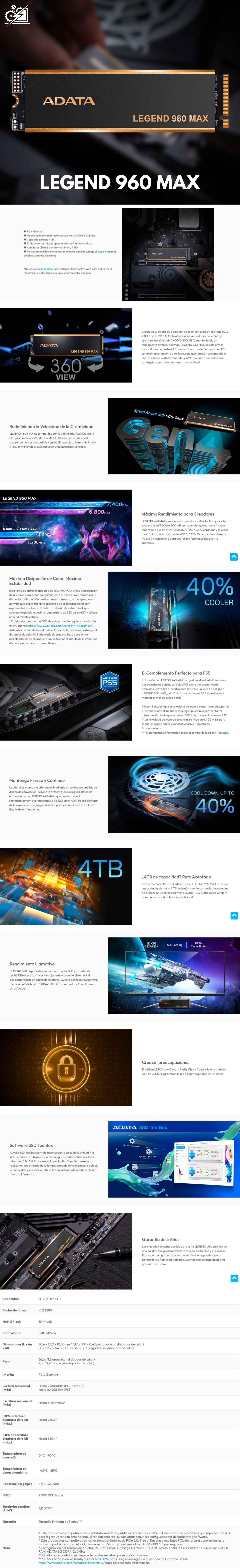 Unidad de Estado Sólido Adata Legend 960 MAX NVMe / 2TB / PCI Express 4.0 / M.2 / ALEG-960M-2TCS