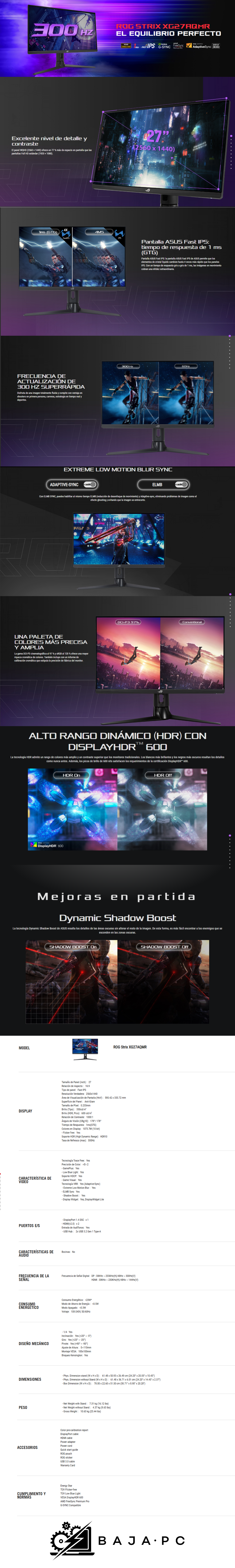 Monitor gaming ROG Strix XG27AQMR: 27 pulgadas, 2K QHD (2560 × 1440), Fast IPS, 300 Hz (más de 144 Hz), 1 ms GTG, G-Sync Compatible, Variable Overdrive, ELMB Sync, DisplayHDR 600