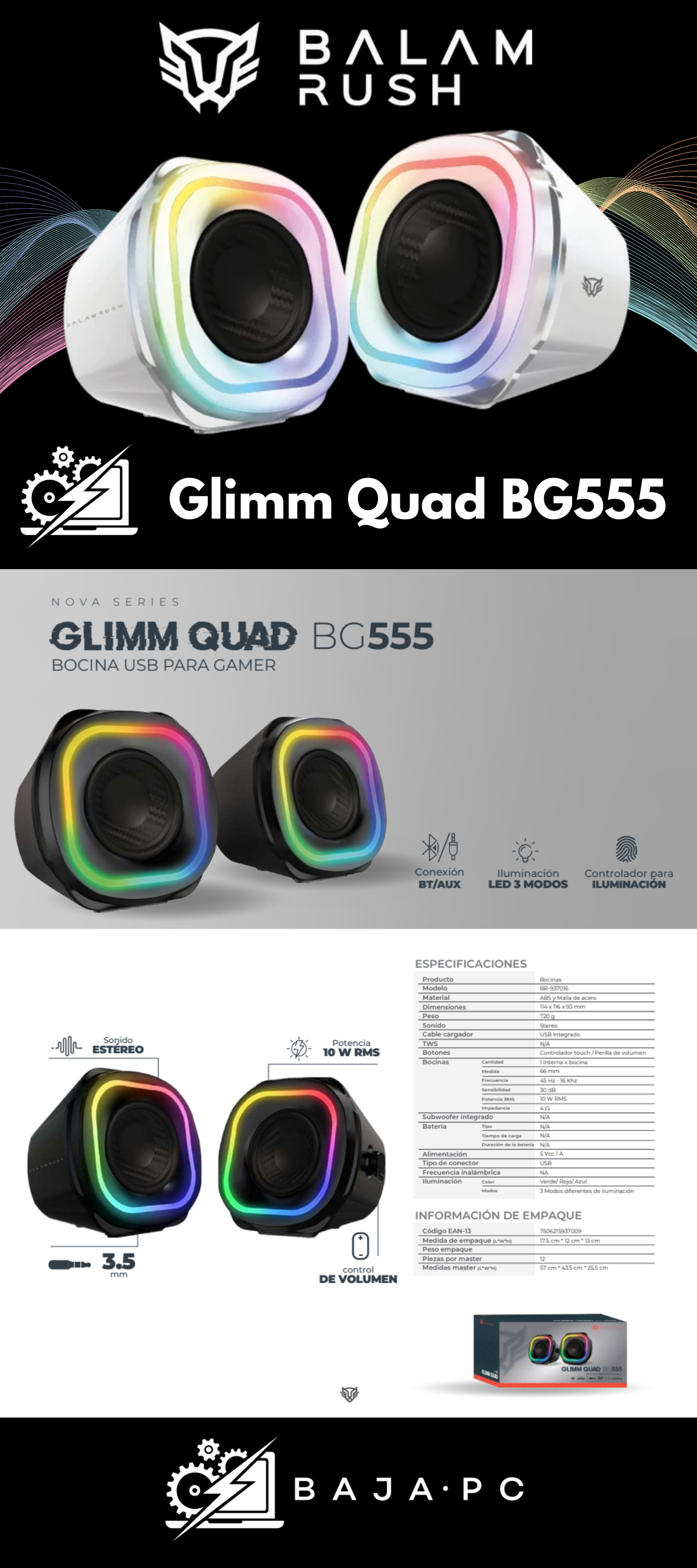 Bocinas para computadora Balamrush / Glimm Quad BG555 / Blanco / Sonido Estereo / 3.5mm / Conexion Bluetooth 