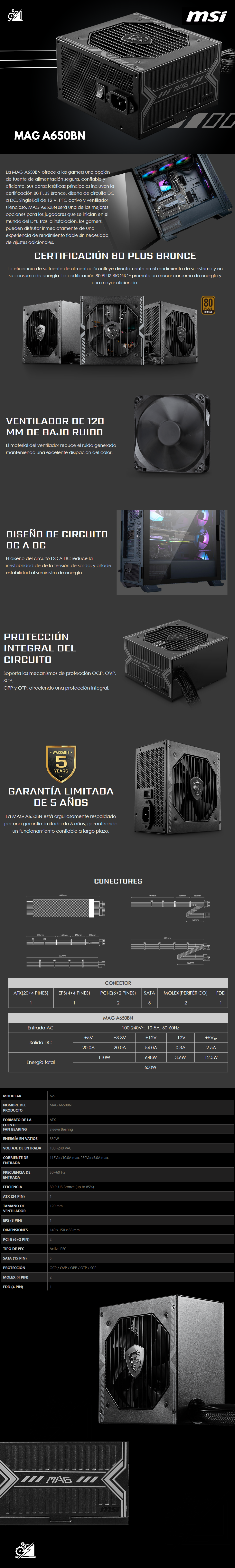 Fuente de Poder MSI MAG A650BN 80 PLUS Bronze / 20+4 pin ATX / 120mm / 650W / A650BN