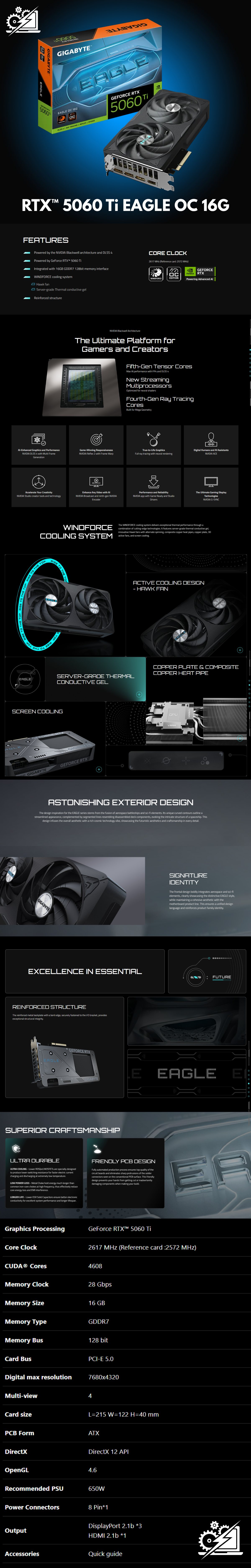 Tarjeta de Video Nvidia Gigabyte GeForce RTX 5060 Ti EAGLE OC  16GB GDDR7  PCI Express 5.0  GV-N506TEAGLE OC-16GD
