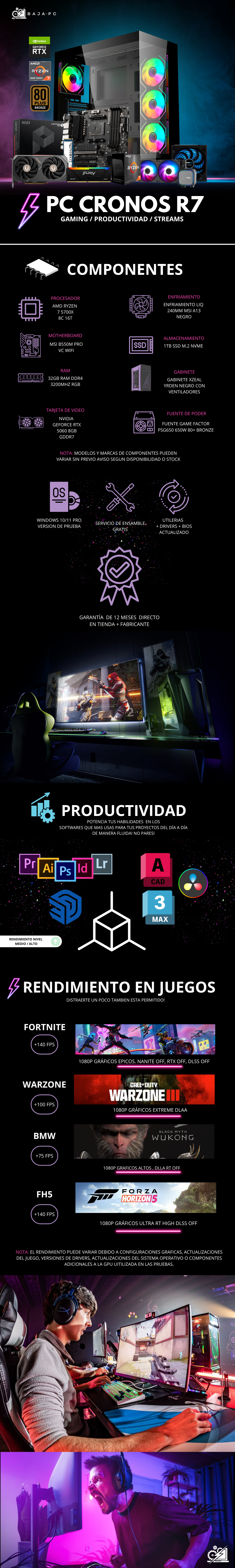PC CRONOS R7 / AMD RYZEN 7 5700X / RTX 5060 / 32GB RAM / 1TB SSD NVME / ENFRIAMIENTO LIQUIDO / FUENTE 650W 80+ BRONZE / PROMOCION