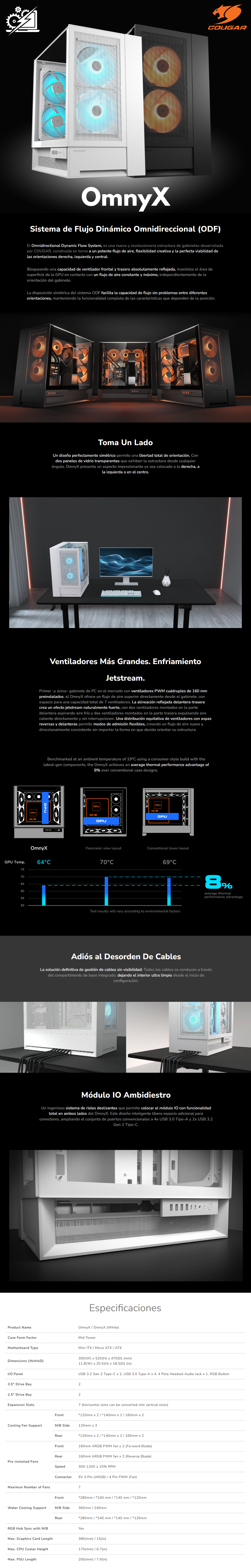 Gabinete Cougar OMNYX / RGB / Cristal Templado / Midi-Tower, Mini-ITX/Micro-ATX/ATX / USB 3.0/2.0 / Sin Fuente / 4 Ventiladores Instalados / Negro
