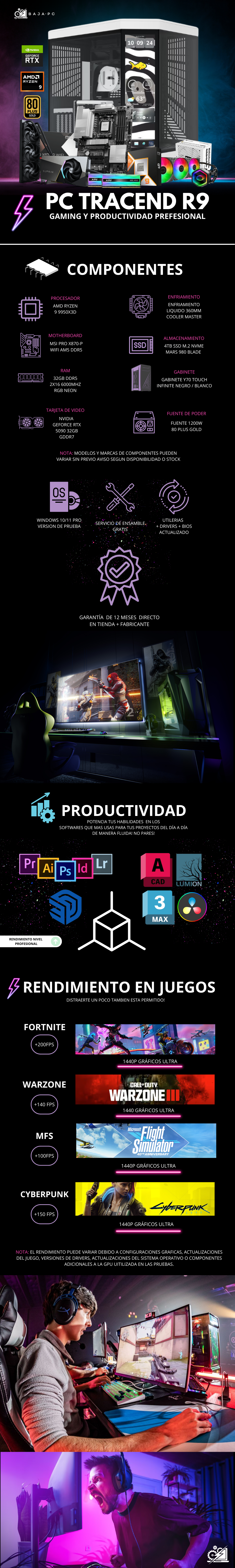 PC TRACEND R9 / AMD RYZEN 9 9950X3D / RTX 5090 / 32GB RAM DDR5 / 4TB SSD NVME / ENFRIAMIENTO LIQ 360MM / FUENTE 1200W 80+ GOLD / PROMOCION
