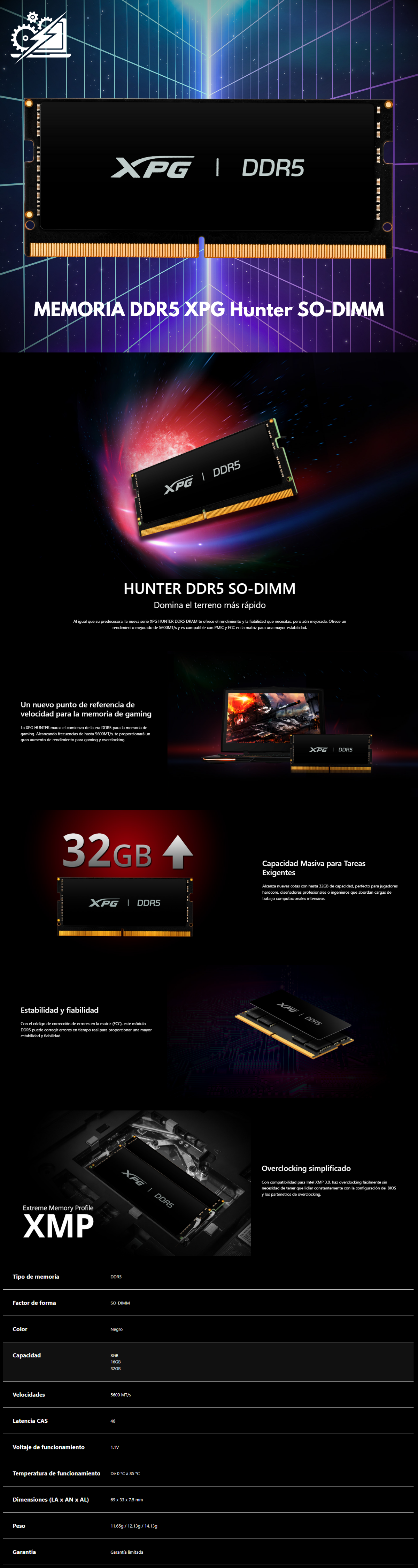 Memoria RAM XPG Hunter DDR5 / 5600MHz / 16GB / ECC CL46 / SO-DIMM / XMP