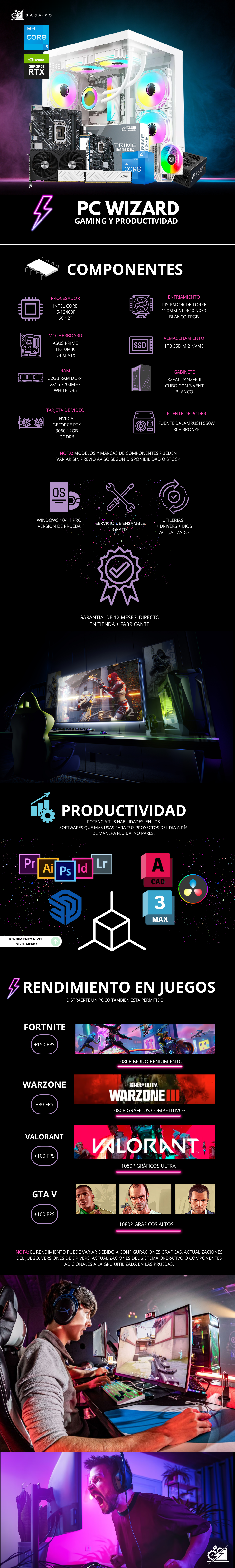 PC WIZARD / INTEL CORE I5-12400F / RTX 3060 / 32GB RAM / 1TB SSD NVME / DISIPADOR DE TORRE 120MM / FUENTE DE PODER 550W 80+ BRONZE/ PROMOCION
