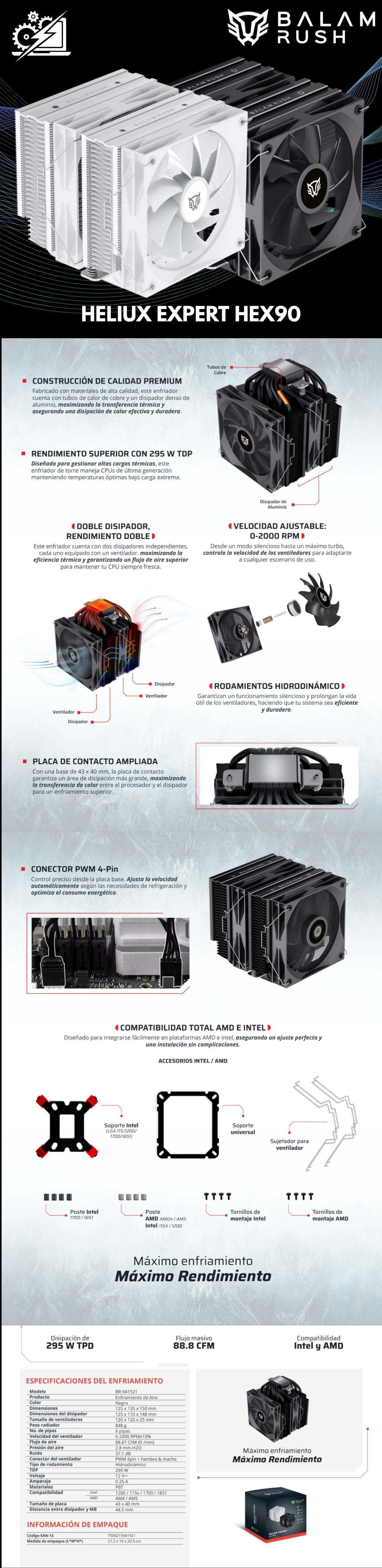 Enfriamiento de Aire | Heliux Expert HEX90 | Alto desempeño | 6 Pipas | TDP 295 W | Compatibilidad AMD + Intel | 2x Ven 120mm + Rodamiento Hidráulico + 0 - 2000 RPM + 88.8 CFM + 37.1 dB + PWM 4 Pin | Legend | Negro