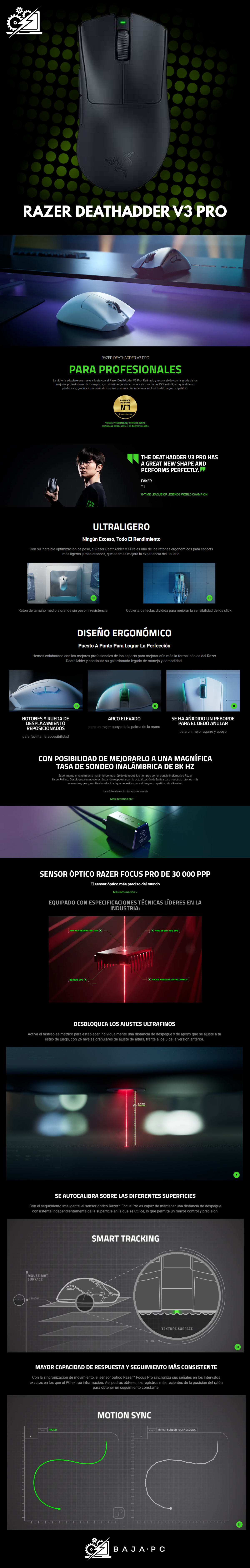 Razer DeathAdder V3 Pro Ergonomic Wireless Mouse | Focus Pro Sensor óptico 30K, interruptores ópticos rápidos Gen-3, HyperSpeed Wireless, 5 botones programables