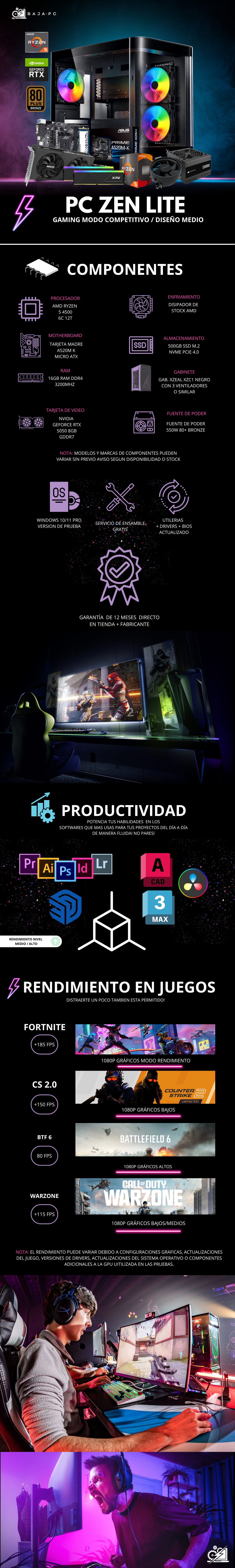 PC ZEN LITE / AMD RYZEN 5 4500 / RTX 5050 / 16GB RAM / 500GB SSD NVME / A520M / DISIPADOR DE STOCK / FUENTE 550W 80+ BRONZE / W11 PRO / PROMOCION