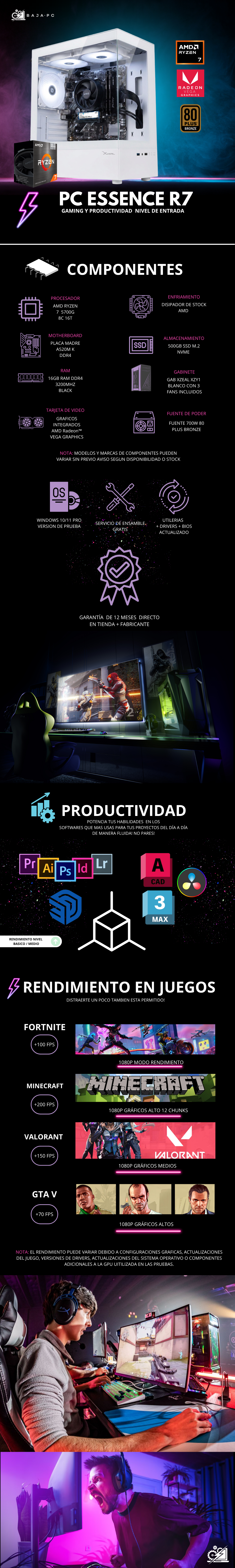 PC ESSENCE R7 / AMD RYZEN 7 5700G / AMD RADEON VEGA GRAPHICS / 16GB RAM / 500GB SSD NVME / A520M / FUENTE 700W 80+ BRONZE / W11 PRO / PROMOCION