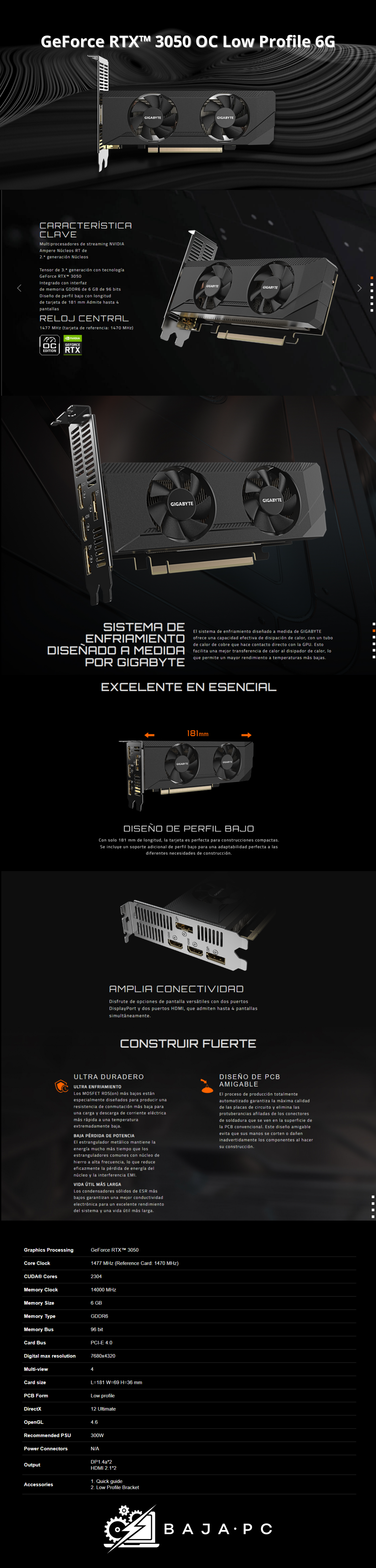 Tarjeta de Video GIGABYTE RTX 3050 OC / Low Profile / 6GB / 2 ventiladores / 96 bits GDDR6 / GV-N3050OC-6GL