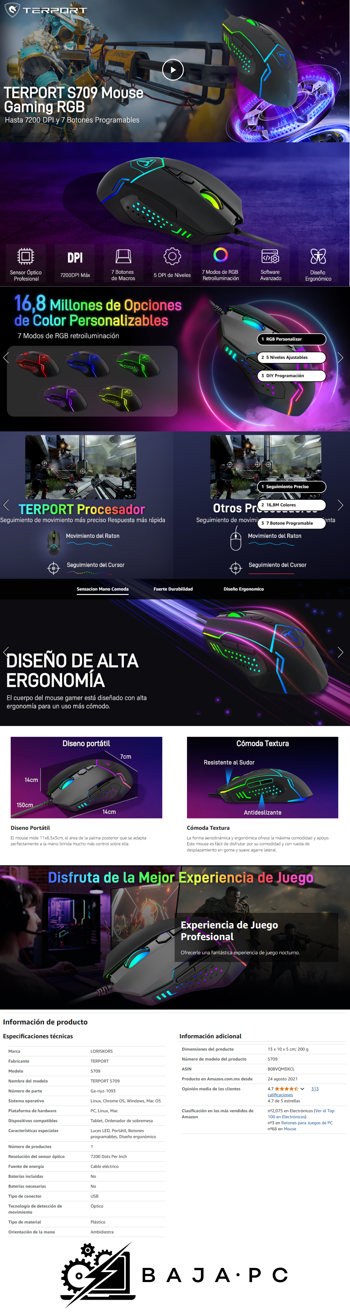 Mouse Gamer Terport S709 RGB Negro / Alambrico / Hasta 7200 DPI / 5 Niveles ajustables / 7 botones