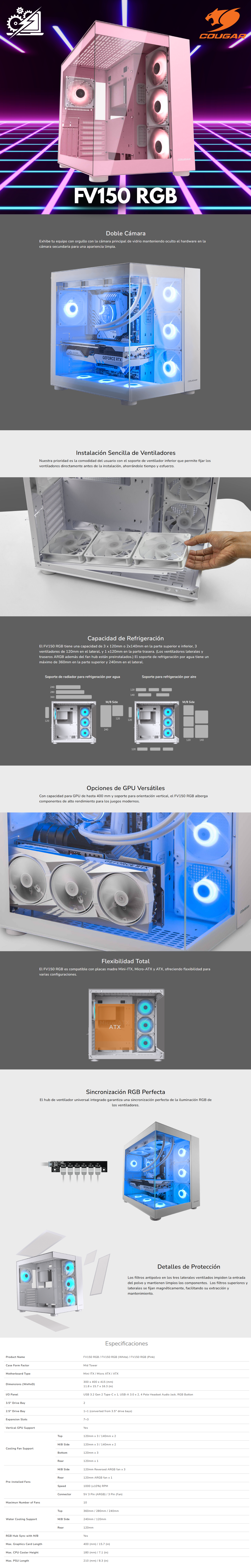 Gabinete Cougar FV150 RGB / Mid-Tower, ATX/Micro-ATX/Mini-ITX / Sin Fuente / 4 Ventiladores Instalados / USB 2.0/3.0 / Rosa