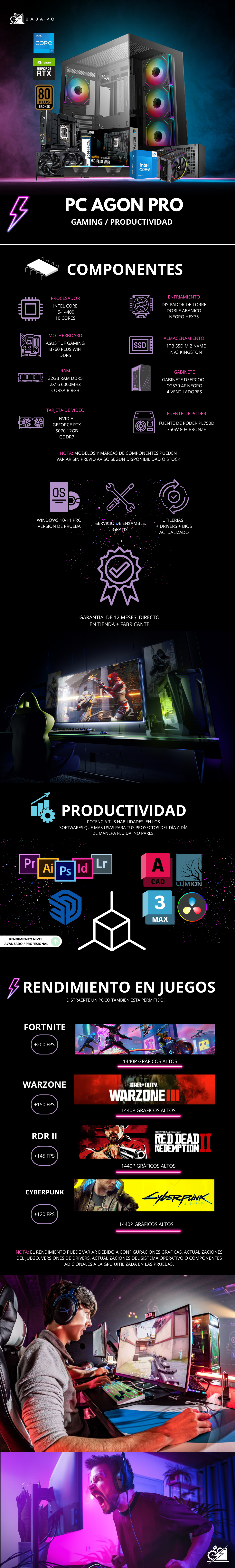 PC AGON PRO / INTEL CORE I5-14400 / RTX 5070 / 32GB RAM DDR5 / 1TB SSD NVME / DISIPADOR DE TORRE DOBLE ABANICO / FUENTE 750W 80+ BRONZE / PROMOCION
