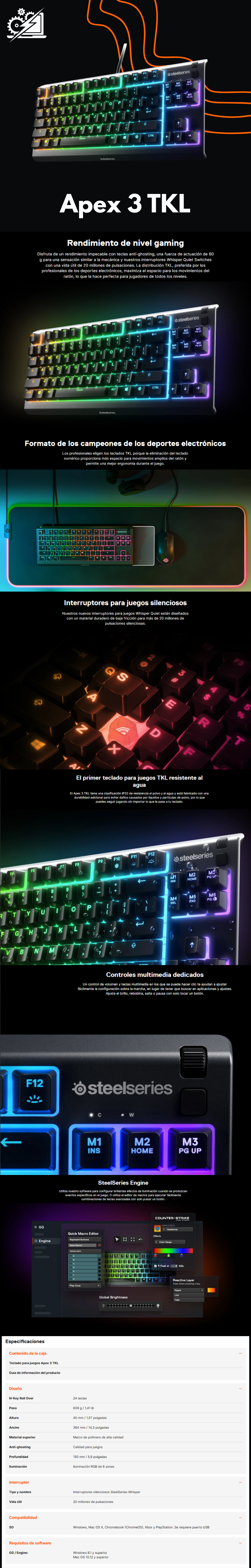 SteelSeries - Teclado para juegos Apex 3 TKL RGB, formato compacto sin teclas, iluminación RGB de 8 zonas, resistente al agua y al polvo IP32, interruptor para juegos silencioso, antifantasmas apto para juegos